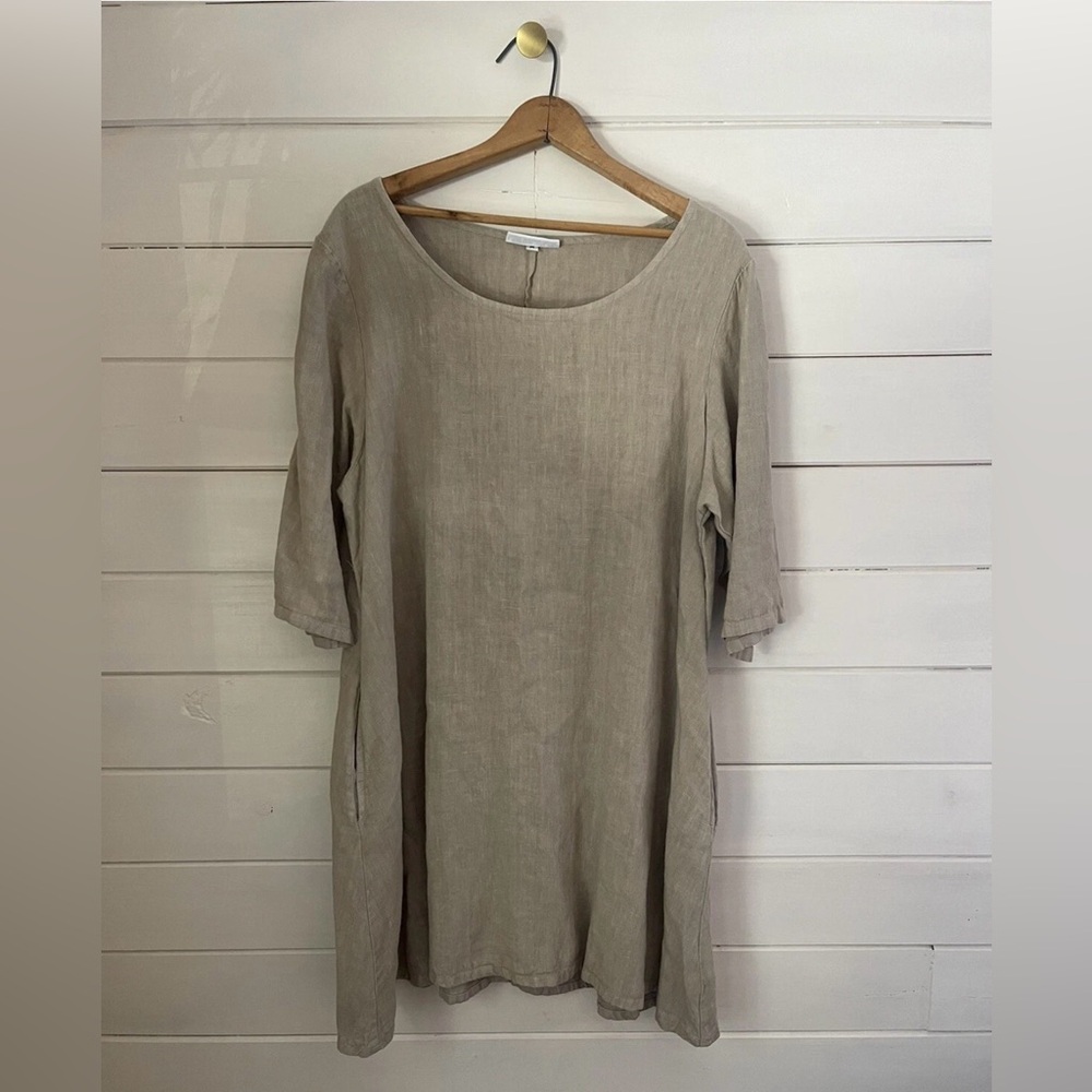 BRYN WALKER 100% Linen Dress Tunic Women’s Sz MEDIUM Beige Pockets Lagenlook